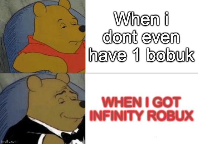 Tuxedo Winnie The Pooh | When i dont even have 1 bobuk; WHEN I GOT INFINITY ROBUX | image tagged in memes,tuxedo winnie the pooh | made w/ Imgflip meme maker