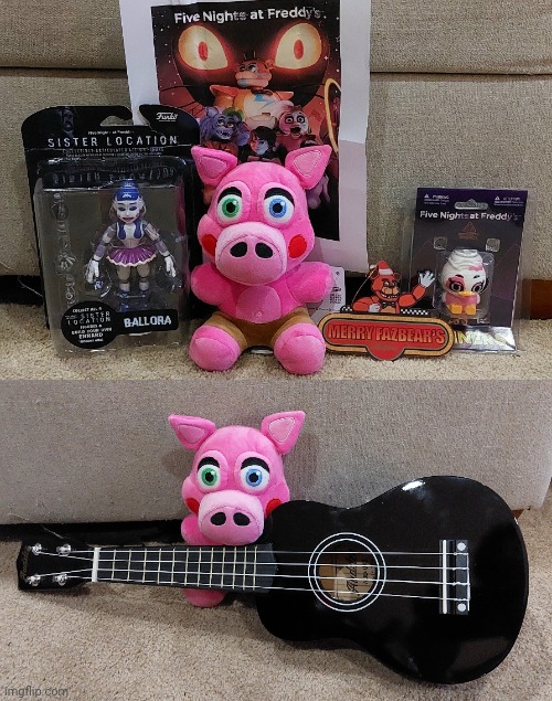 My Christmas presents! I got pigpatch plushie, Chica spinner, ballora figure, an ornament, Security Breach (finally!!) and a uku | image tagged in fnaf security breach,fnaf,christmas | made w/ Imgflip meme maker