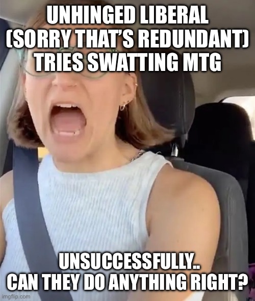 Unhinged Liberal Lunatic Idiot Woman Meltdown Screaming in Car | UNHINGED LIBERAL (SORRY THAT’S REDUNDANT) TRIES SWATTING MTG; UNSUCCESSFULLY..

CAN THEY DO ANYTHING RIGHT? | image tagged in unhinged liberal lunatic idiot woman meltdown screaming in car | made w/ Imgflip meme maker