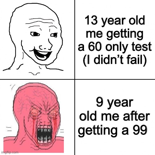 It got harder | 13 year old me getting a 60 only test (I didn’t fail); 9 year old me after getting a 99 | image tagged in happy vs angry wojak | made w/ Imgflip meme maker