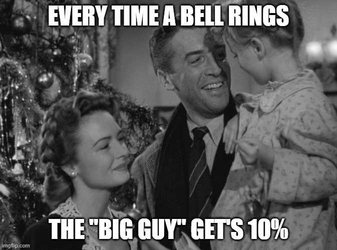 It's a Wonderful Life | EVERY TIME A BELL RINGS; THE "BIG GUY" GET'S 10% | image tagged in it's a wonderful life | made w/ Imgflip meme maker