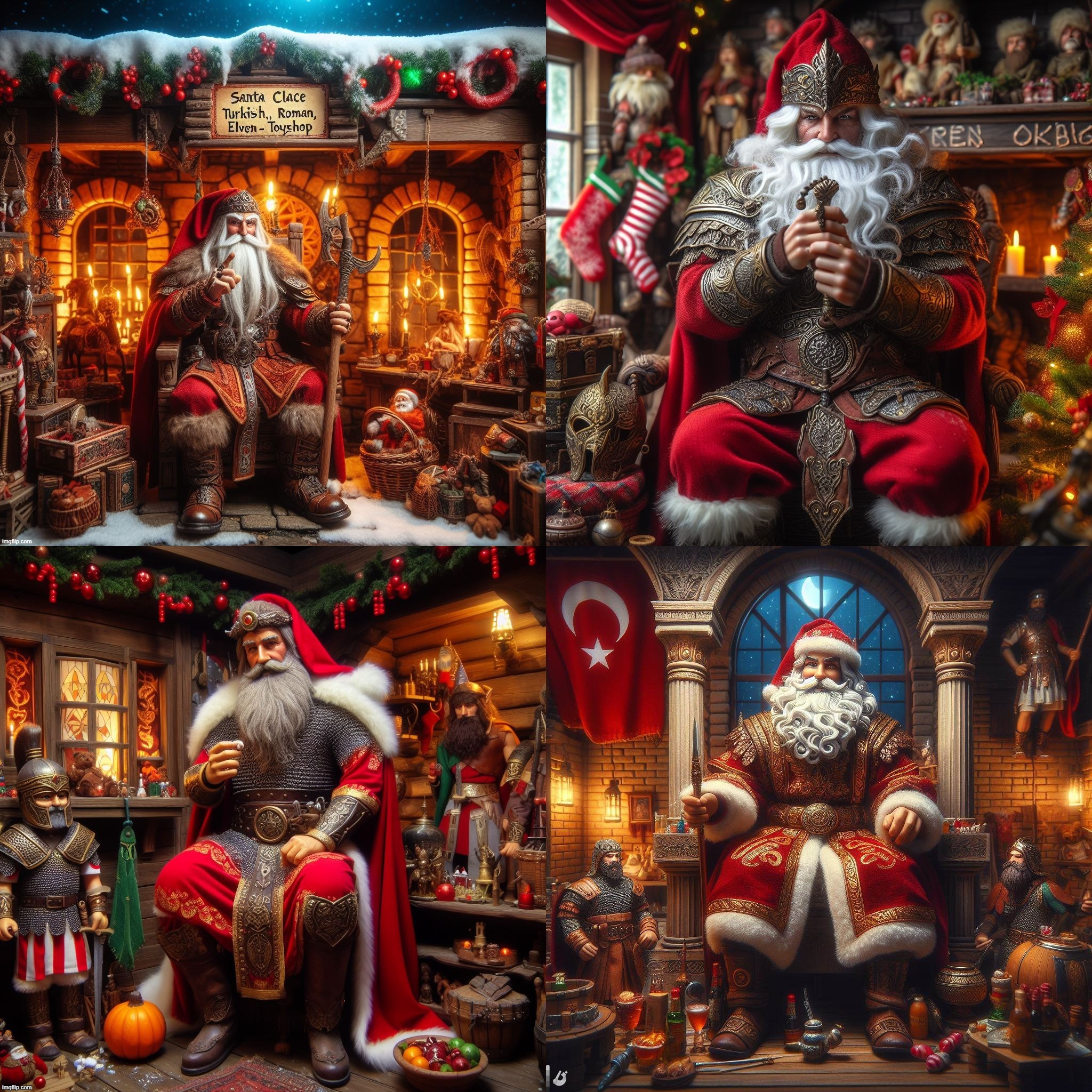 AI Bing: Turko RomanElf (Santa influenced by Turkish, Roman, and Elven aesthetic). I'm happy with it. Merry Christmas! | image tagged in santa claus,ai generated,turkish,elves,roman,fantasy | made w/ Imgflip meme maker