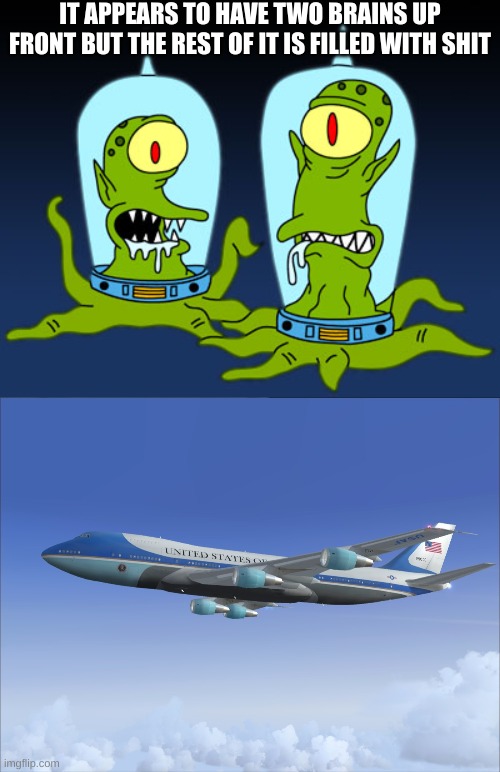 IT APPEARS TO HAVE TWO BRAINS UP FRONT BUT THE REST OF IT IS FILLED WITH SHIT | image tagged in simpson s alien,air force one | made w/ Imgflip meme maker