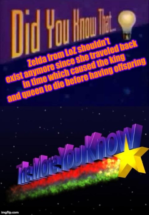 Zelda from LoZ shouldn't exist anymore since she traveled back in time which caused the king and queen to die before having offspring | image tagged in did you know that,the more you know | made w/ Imgflip meme maker