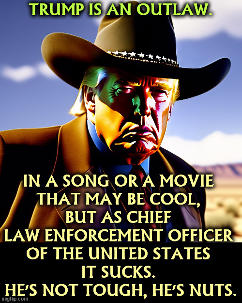 Trump doesn't understand the Presidency. The law wins, even against sociopaths. And this sociopath is crumbling. | TRUMP IS AN OUTLAW. IN A SONG OR A MOVIE 
THAT MAY BE COOL, 
BUT AS CHIEF 
LAW ENFORCEMENT OFFICER 
OF THE UNITED STATES 
IT SUCKS. 
HE'S NOT TOUGH, HE'S NUTS. | image tagged in trump,outlaw,criminal,president,law,disaster | made w/ Imgflip meme maker