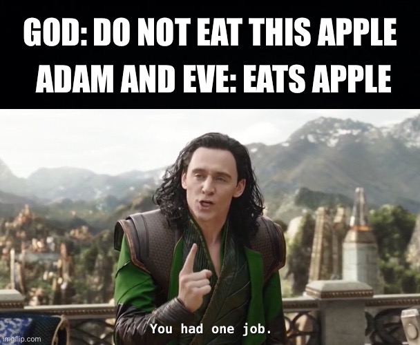 GOD: DO NOT EAT THIS APPLE; ADAM AND EVE: EATS APPLE | image tagged in you had one job just the one,god,adam and eve,apple,funny,jesus | made w/ Imgflip meme maker