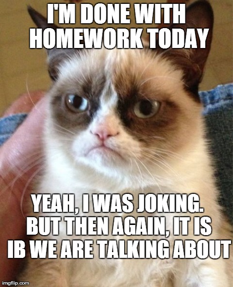 Grumpy Cat Meme | I'M DONE WITH HOMEWORK TODAY YEAH, I WAS JOKING. BUT THEN AGAIN, IT IS IB WE ARE TALKING ABOUT | image tagged in memes,grumpy cat | made w/ Imgflip meme maker