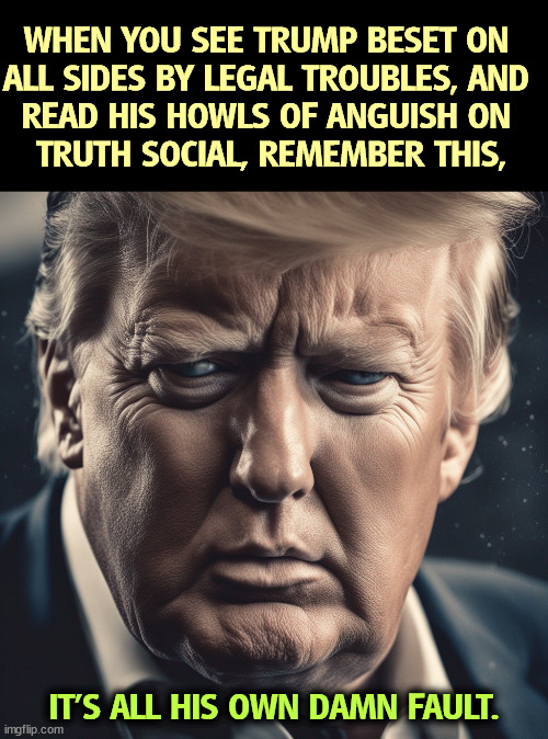 Trump thought he was so smart. But he wasn't. | WHEN YOU SEE TRUMP BESET ON 
ALL SIDES BY LEGAL TROUBLES, AND 
READ HIS HOWLS OF ANGUISH ON 
TRUTH SOCIAL, REMEMBER THIS, IT'S ALL HIS OWN DAMN FAULT. | image tagged in trump,lawsuits,sad,worry,stupid,idiot | made w/ Imgflip meme maker