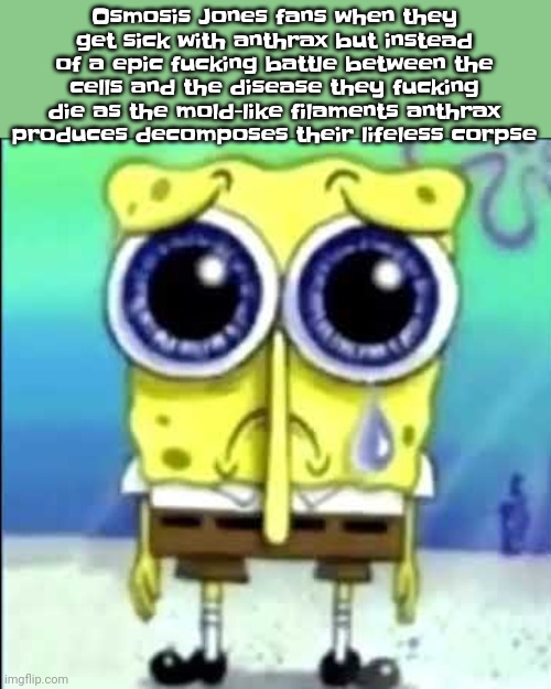 It's A sad day | Osmosis Jones fans when they get sick with anthrax but instead of a epic fucking battle between the cells and the disease they fucking die as the mold-like filaments anthrax produces decomposes their lifeless corpse | image tagged in sad spongebob | made w/ Imgflip meme maker