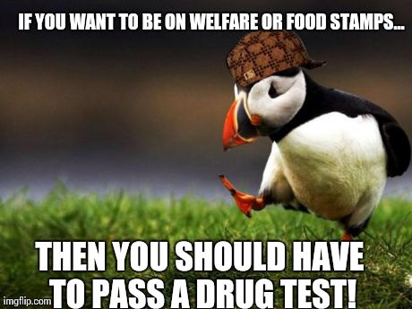 Unpopular Opinion Puffin | IF YOU WANT TO BE ON WELFARE OR FOOD STAMPS... THEN YOU SHOULD HAVE TO PASS A DRUG TEST! | image tagged in memes,unpopular opinion puffin,scumbag,AdviceAnimals | made w/ Imgflip meme maker