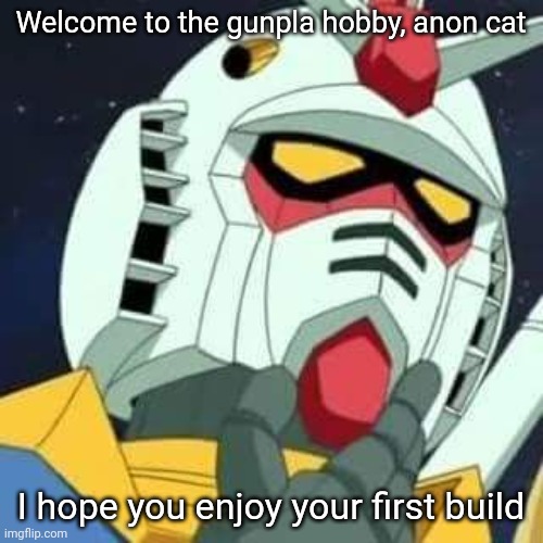 Welcome to the hobby you never quit /j | Welcome to the gunpla hobby, anon cat; I hope you enjoy your first build | image tagged in gundam | made w/ Imgflip meme maker