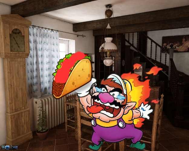 Wario dies by a failed attempt to eat a taco with Ghost pepper sauce | image tagged in living room,wario dies | made w/ Imgflip meme maker