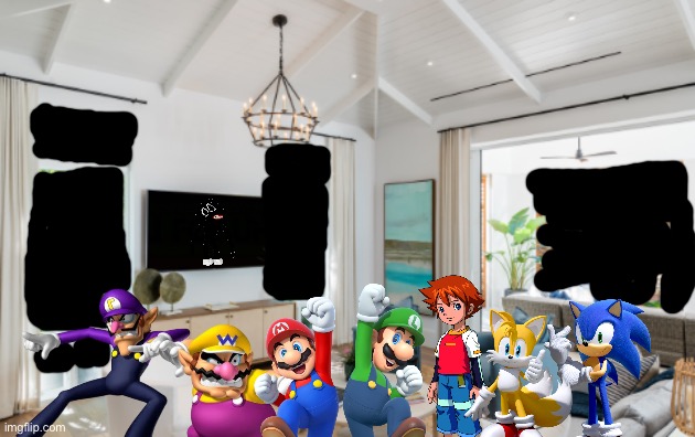 Wario and Friends dies by cartoon dog because of a EAS on movie night | image tagged in living room,wario dies,super mario,sonic x,crossover,sonic the hedgehog | made w/ Imgflip meme maker