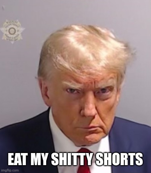 #TrumpSmellsBad | EAT MY SHITTY SHORTS | image tagged in donald trump mugshot | made w/ Imgflip meme maker