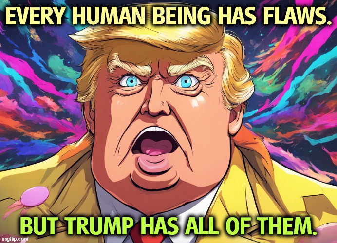 EVERY HUMAN BEING HAS FLAWS. BUT TRUMP HAS ALL OF THEM. | image tagged in trump,character,flaws,disgusting,defective | made w/ Imgflip meme maker