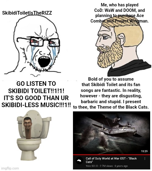 We all fear the grenade indicator, CoD players. | SkibidiToiletIsTheRIZZ; Me, who has played CoD: WaW and DOOM, and planning to purchase Ace Combat and Project Wingman. Bold of you to assume that Skibidi Toilet and its fan songs are fantastic. In reality, however - they are disgusting, barbaric and stupid. I present to thee, the Theme of the Black Cats. GO LISTEN TO SKIBIDI TOILET!!1!1! IT'S SO GOOD THAN UR SKIBIDI-LESS MUSIC!!!1!! | image tagged in soyboy vs yes chad | made w/ Imgflip meme maker