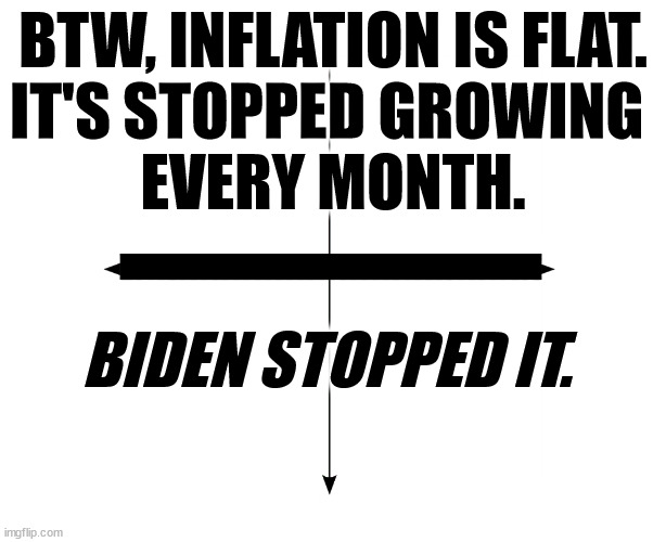 Month over month inflation has stopped. Thank you, Joe. | BTW, INFLATION IS FLAT.
IT'S STOPPED GROWING 
EVERY MONTH. BIDEN STOPPED IT. | image tagged in blank axis chart,inflation,stopped,joe biden | made w/ Imgflip meme maker