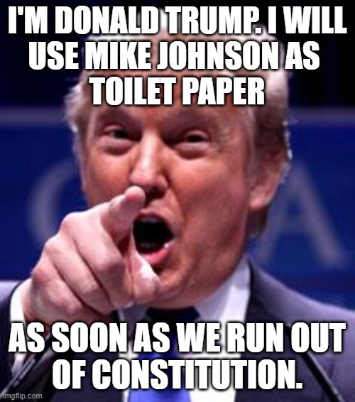 Trump Trademark | I'M DONALD TRUMP. I WILL
USE MIKE JOHNSON AS 
TOILET PAPER AS SOON AS WE RUN OUT
OF CONSTITUTION. | image tagged in trump trademark | made w/ Imgflip meme maker