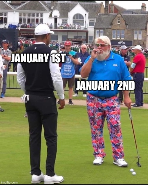 Resolution | JANUARY 1ST; JANUARY 2ND | image tagged in john daly and tiger woods,new year,john daly | made w/ Imgflip meme maker