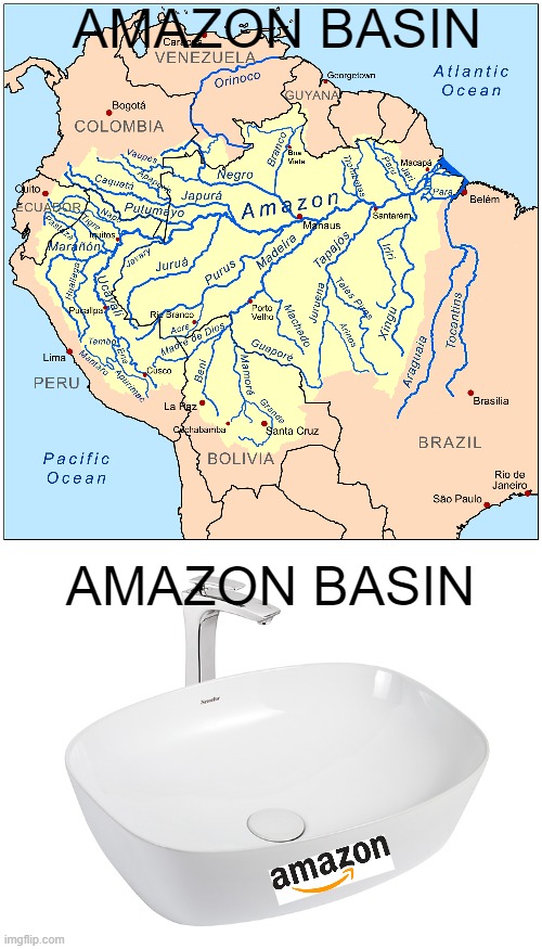 amazon basin | AMAZON BASIN; AMAZON BASIN | image tagged in puns,eyeroll,amazon,sink | made w/ Imgflip meme maker