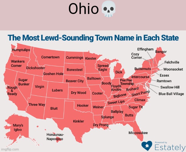 The Most Lewd-Sounding Town Name In Each State | Ohio💀 | image tagged in the most lewd-sounding town name in each state | made w/ Imgflip meme maker