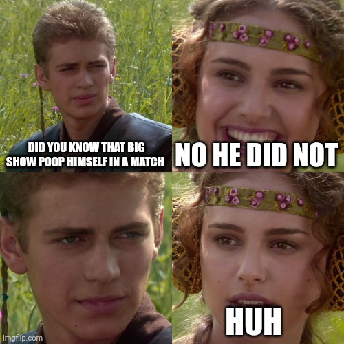 Anakin Padme 4 Panel | DID YOU KNOW THAT BIG SHOW POOP HIMSELF IN A MATCH; NO HE DID NOT; HUH | image tagged in anakin padme 4 panel | made w/ Imgflip meme maker