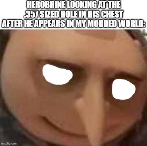 gru | HEROBRINE LOOKING AT THE .357 SIZED HOLE IN HIS CHEST AFTER HE APPEARS IN MY MODDED WORLD: | image tagged in gru,minecraft,herobrine | made w/ Imgflip meme maker
