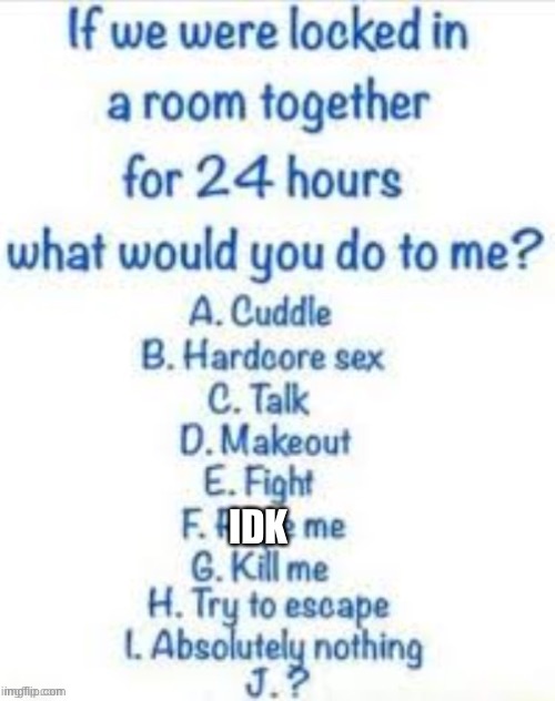 Be honest btw- | IDK | image tagged in if we were locked in a room together for 24 hours | made w/ Imgflip meme maker