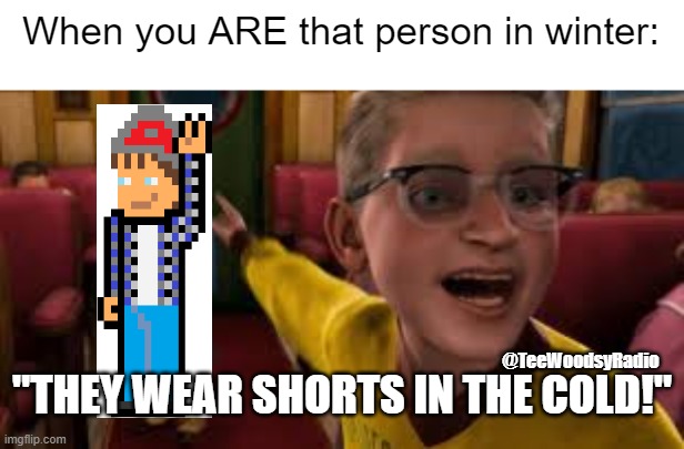 Sorry not Sorry | When you ARE that person in winter:; "THEY WEAR SHORTS IN THE COLD!"; @TeeWoodsyRadio | image tagged in polar express kid pointing,memes,funny,shorts,cold,winter | made w/ Imgflip meme maker