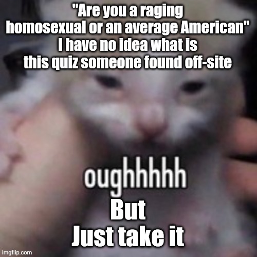 Link is already in comments | "Are you a raging homosexual or an average American"
I have no idea what is this quiz someone found off-site; But
Just take it | image tagged in oughhhhh | made w/ Imgflip meme maker