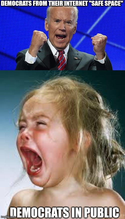 DEMOCRATS FROM THEIR INTERNET "SAFE SPACE" DEMOCRATS IN PUBLIC | image tagged in joe biden fists angry,crying baby | made w/ Imgflip meme maker