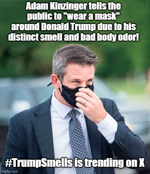 Something Stinks! | Adam Kinzinger tells the public to "wear a mask" around Donald Trump due to his distinct smell and bad body odor! #TrumpSmells is trending on X | image tagged in donald trump,bad smell,body odor | made w/ Imgflip meme maker