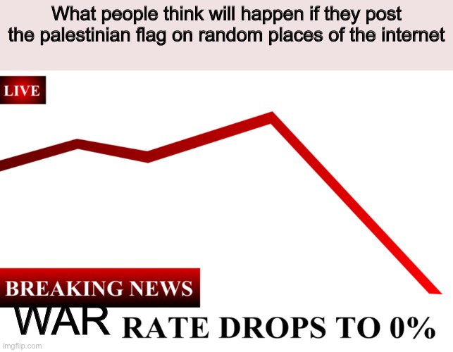 ____ Rate Drops To 0% | What people think will happen if they post the palestinian flag on random places of the internet; WAR | image tagged in ____ rate drops to 0,memes,funny | made w/ Imgflip meme maker