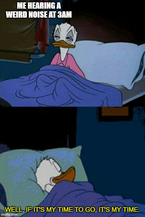 sleepy donald duck in bed | ME HEARING A WEIRD NOISE AT 3AM; WELL, IF IT'S MY TIME TO GO, IT'S MY TIME. | image tagged in sleepy donald duck in bed | made w/ Imgflip meme maker