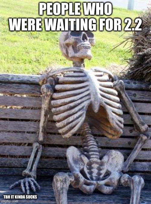 2.2 is here | PEOPLE WHO WERE WAITING FOR 2.2; TBH IT KINDA SUCKS | image tagged in memes,waiting skeleton | made w/ Imgflip meme maker