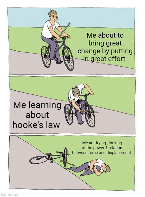 Bike Fall Meme | Me about to bring great change by putting in great effort; Me learning about hooke's law; Me not trying , looking at the power 1 relation between force and displacement | image tagged in memes,bike fall,physics | made w/ Imgflip meme maker