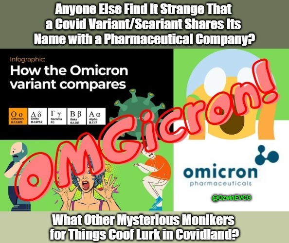 OMGicron! | Anyone Else Find It Strange That 
a Covid Variant/Scariant Shares Its 
Name with a Pharmaceutical Company? @OzwinEVCG; What Other Mysterious Monikers 
for Things Coof Lurk in Covidland? | image tagged in covid,scare tactics,coincidence theories,covid variants,conspiracy inquiries,covid saga | made w/ Imgflip meme maker