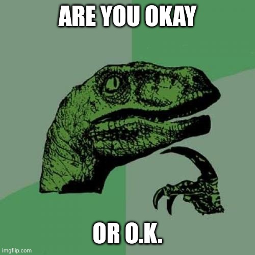 Mhm | ARE YOU OKAY; OR O.K. | image tagged in memes,philosoraptor | made w/ Imgflip meme maker