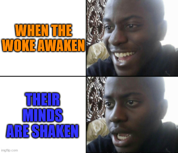 Happy / Shock | WHEN THE WOKE AWAKEN; THEIR MINDS ARE SHAKEN | image tagged in happy / shock | made w/ Imgflip meme maker