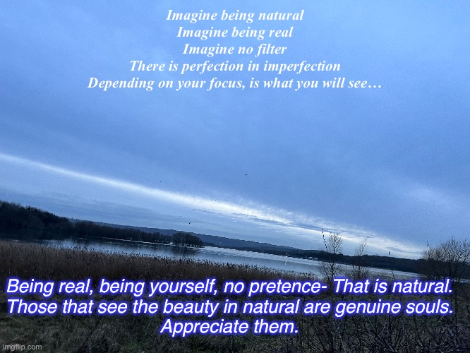 Nature | Imagine being natural
Imagine being real
Imagine no filter
There is perfection in imperfection
Depending on your focus, is what you will see…; Being real, being yourself, no pretence- That is natural.

Those that see the beauty in natural are genuine souls.
Appreciate them. | image tagged in mother nature | made w/ Imgflip meme maker