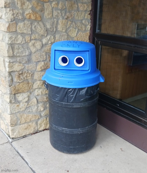 Goggle-clad trash can, seer of all | image tagged in trash can,trash,eyes | made w/ Imgflip meme maker