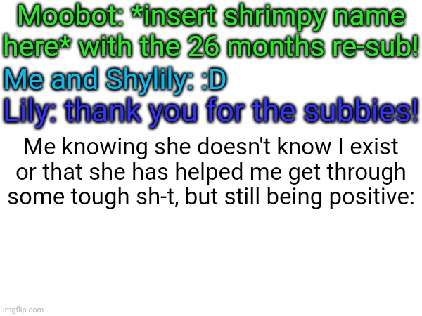 Long live the wholesome Orcat | Moobot: *insert shrimpy name here* with the 26 months re-sub! Me and Shylily: :D; Lily: thank you for the subbies! Me knowing she doesn't know I exist or that she has helped me get through some tough sh-t, but still being positive: | image tagged in shylily,wholesome,stay positive | made w/ Imgflip meme maker