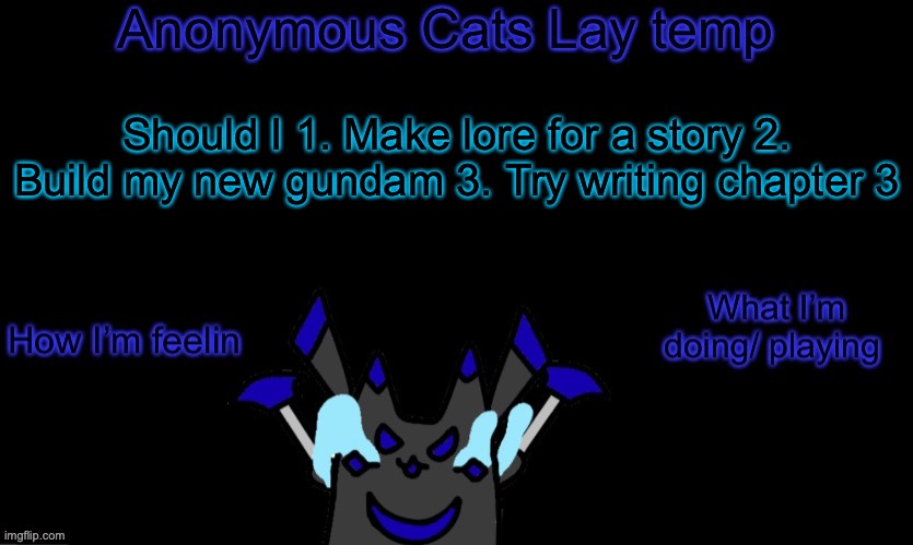 1 is supposed to be lore for a sword | Should I 1. Make lore for a story 2. Build my new gundam 3. Try writing chapter 3 | image tagged in anonymous cats temp template | made w/ Imgflip meme maker