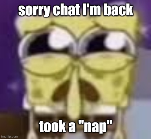 lovely women's time be hard bro | sorry chat I'm back; took a "nap" | image tagged in spunchbop all sad n shit | made w/ Imgflip meme maker
