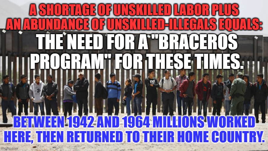 Making Lemonade. | A SHORTAGE OF UNSKILLED LABOR PLUS AN ABUNDANCE OF UNSKILLED-ILLEGALS EQUALS:; THE NEED FOR A "BRACEROS PROGRAM" FOR THESE TIMES. BETWEEN 1942 AND 1964 MILLIONS WORKED HERE, THEN RETURNED TO THEIR HOME COUNTRY. | image tagged in politics | made w/ Imgflip meme maker