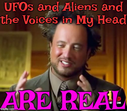 UFOs and Aliens and the Voices in My Head  Are Real | UFOs and Aliens and
the Voices in My Head; ARE REAL | image tagged in memes,ancient aliens,science,history memes,history channel,ufos | made w/ Imgflip meme maker
