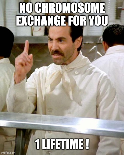 soup nazi | NO CHROMOSOME EXCHANGE FOR YOU 1 LIFETIME ! | image tagged in soup nazi | made w/ Imgflip meme maker