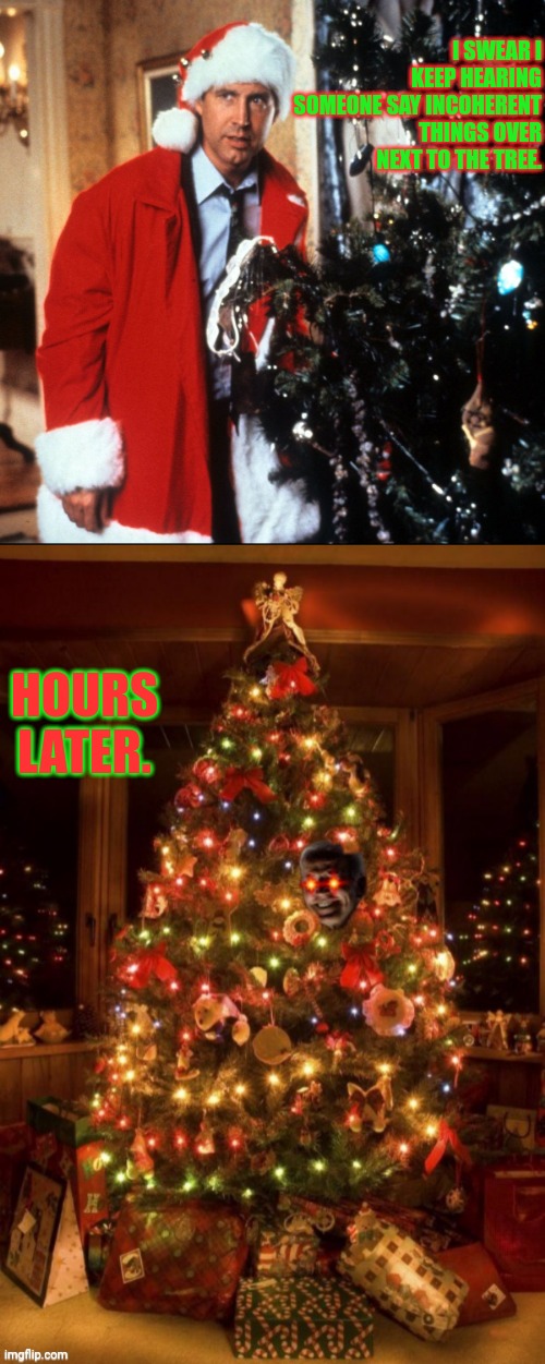He's Watching You! | I SWEAR I KEEP HEARING SOMEONE SAY INCOHERENT THINGS OVER NEXT TO THE TREE. HOURS LATER. | image tagged in christmas vacation,chevy chase,joe biden,christmas tree | made w/ Imgflip meme maker