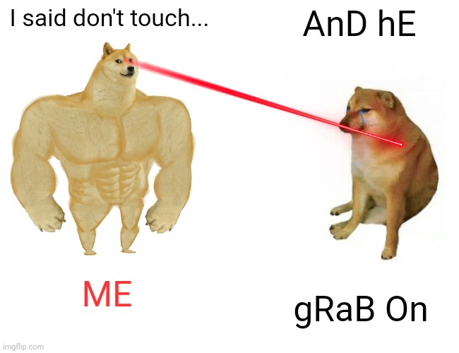 Oops | I said don't touch... AnD hE; ME; gRaB On | image tagged in memes,buff doge vs cheems | made w/ Imgflip meme maker