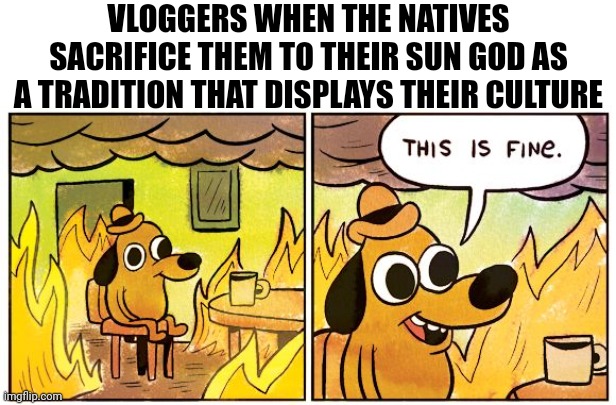 Showing respect to the culture is definitely much more important than the instinct of self preservation | VLOGGERS WHEN THE NATIVES SACRIFICE THEM TO THEIR SUN GOD AS A TRADITION THAT DISPLAYS THEIR CULTURE | image tagged in memes,this is fine,sacrifice,tradition,cult | made w/ Imgflip meme maker